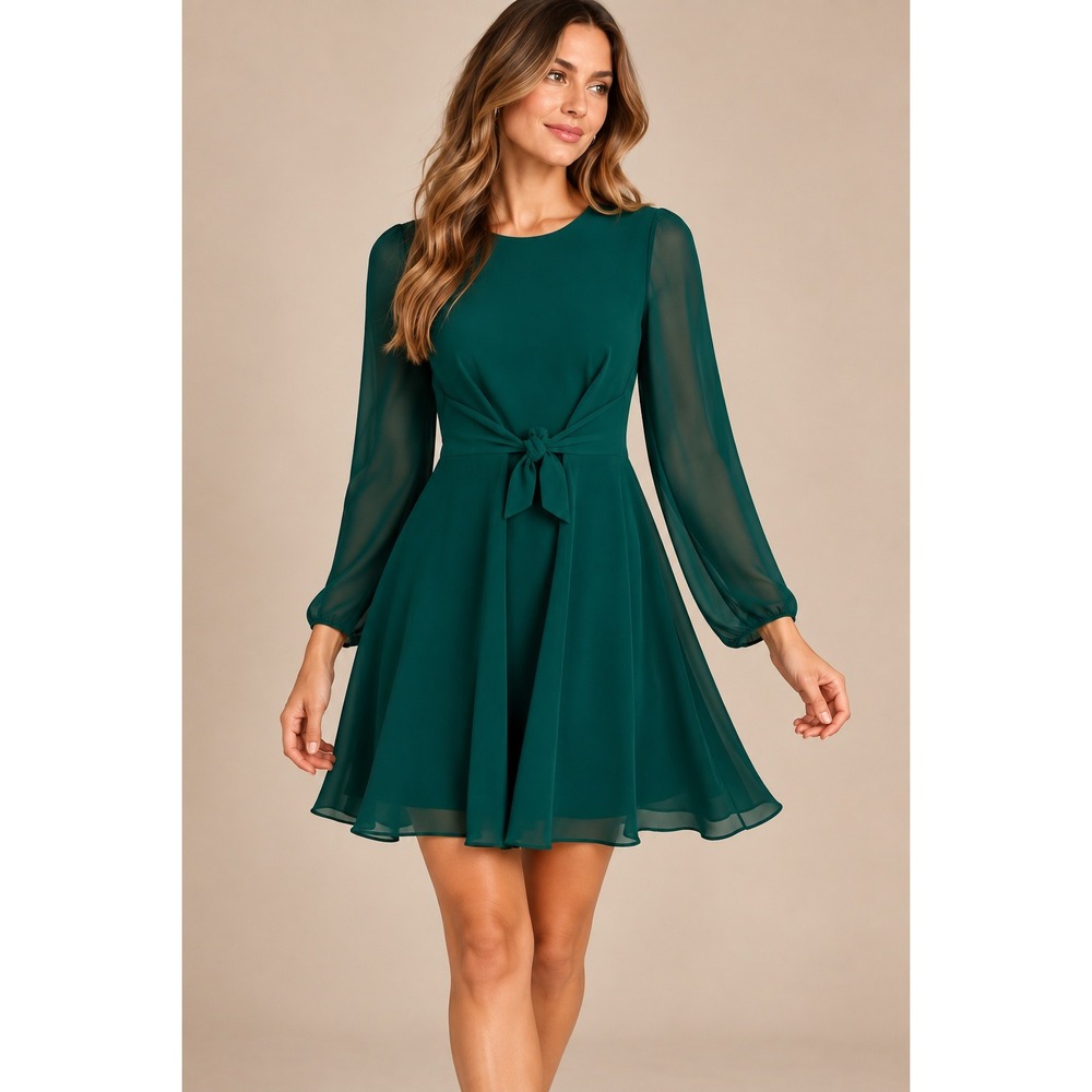 Fame and Partners Women Dress 6 Green Tie Front Long Sleeve Chiffon Mini Dress